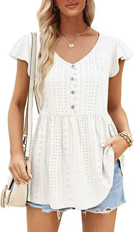 Cotton Summer Long T-shirt Tops Jacquard Knitting Holiday V-neck Button Ruffled Casual Slim Waist Short Dress