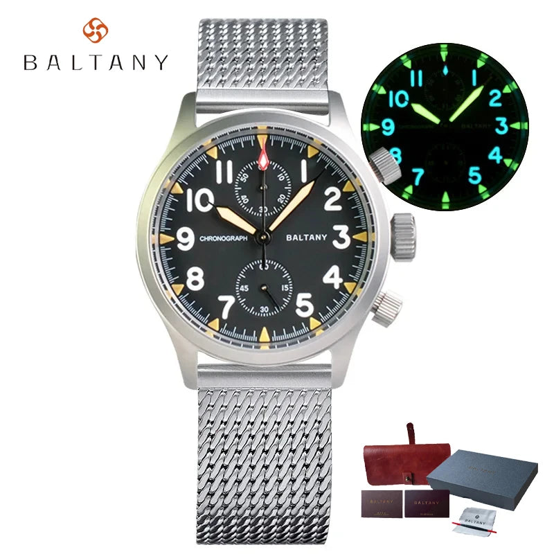 Baltany 2025 new military 39mm men's quartz chronograph VK61 sapphire stainless steel waterproof 10Bar luminous reloj hombre