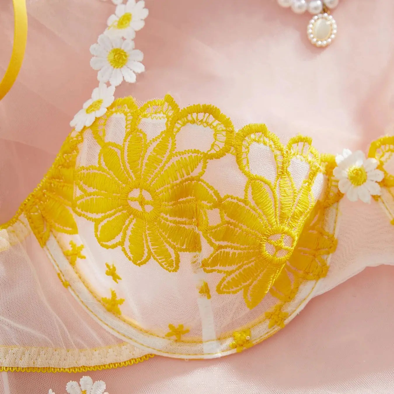 Lingerie beautiful yellow daisy summer semi transparent embroidered underwear, cute and sweet style, adjustable shou
