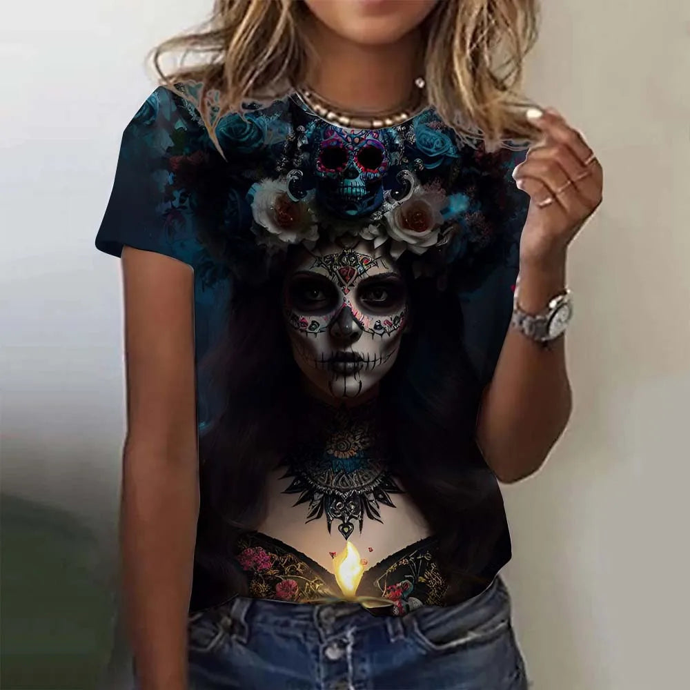 T-shirt for Girls Summer Short Sleeve Casual Sexy Girls Clothes Horror Undead Skull Pattern oversized T-shirts