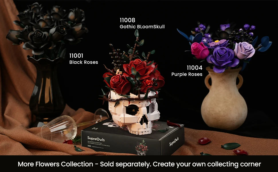 SupreOwls Skull Flowers Building Blocks Set Gothic Roses Bouquet Toy Skeleton Planter Pot Floral Decor Halloween Gifts for Adult