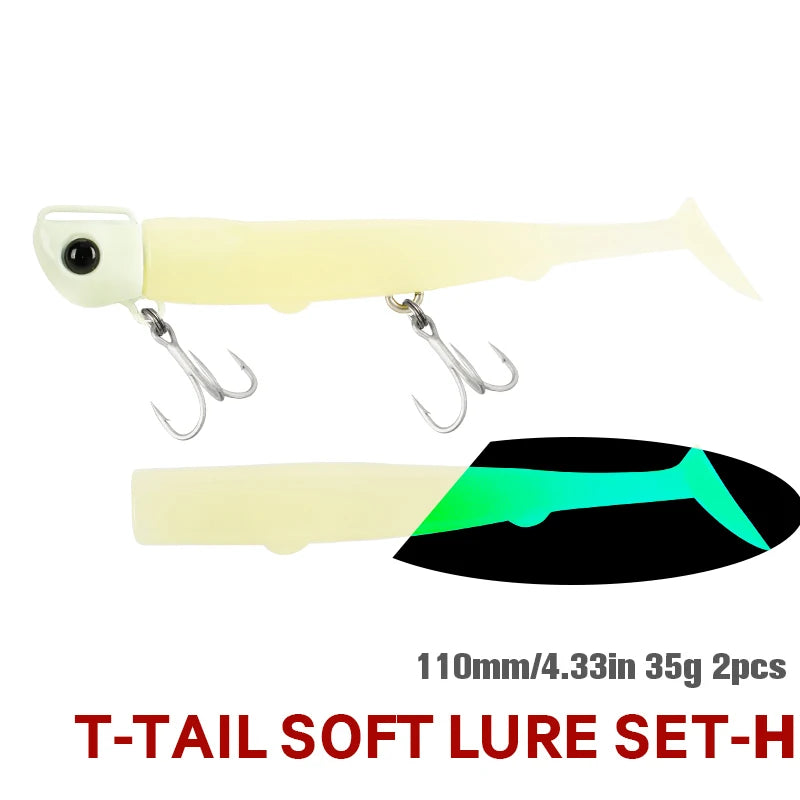 Jig Head Soft Fishing Lure 110mm 35g Long Casting Sea Bass Flounder Soft Body Swimbait Set With Saltwater Treble Hook