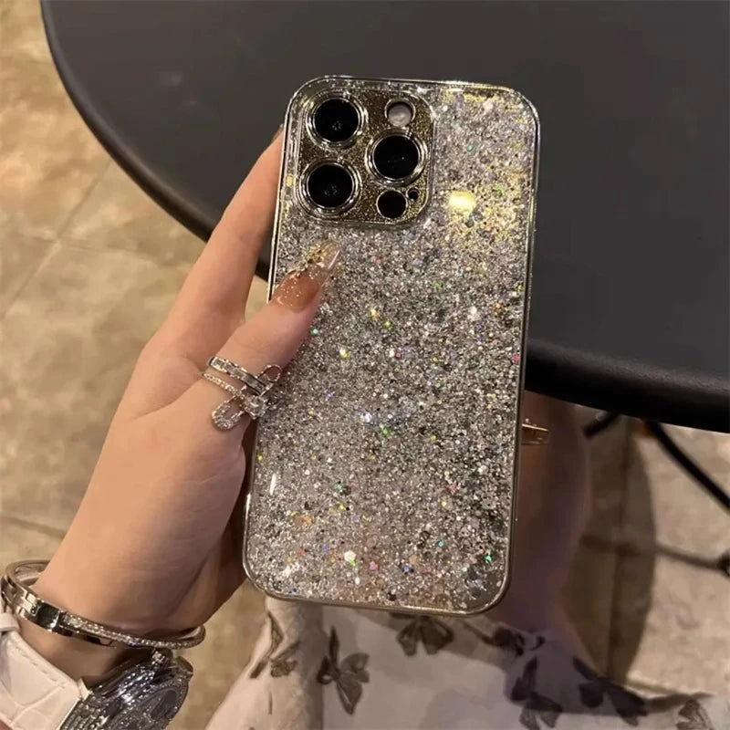 Luxury Silver Sequin Glitter Plating Phone Case For iPhone 17 Air 11 12 13 14 15 16 Pro Max Plus Bling Shockproof Bumper Cover