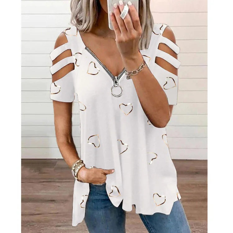T Shirt for Women Print Top V Neck Short Sleeves Hollow Out Zipper Vintage Streetwear Spring Summer Office Lady 2025 Tees Tops