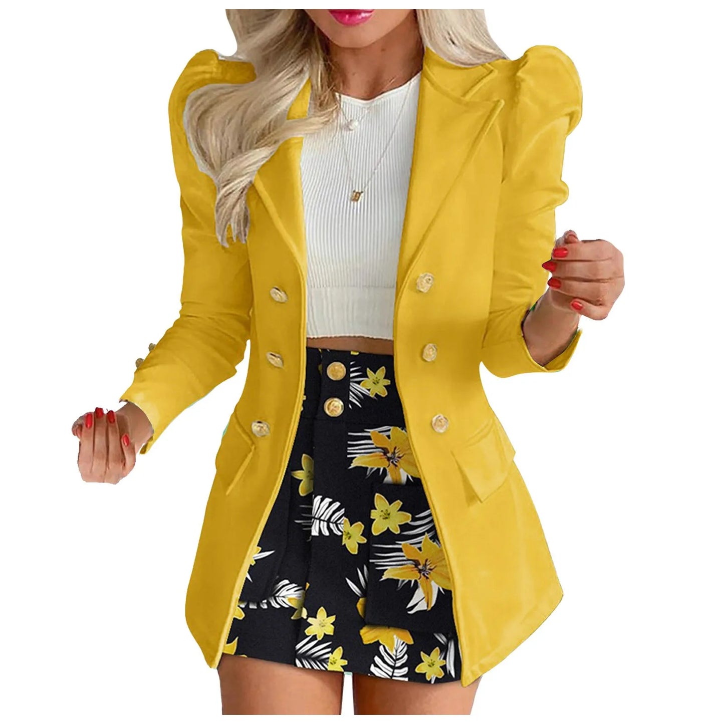 Long Sleeve Two Breasted Skirt Set Solid Color Jacket And Floral Skirt Two Piece Outfit Business Casual Elegant Sets