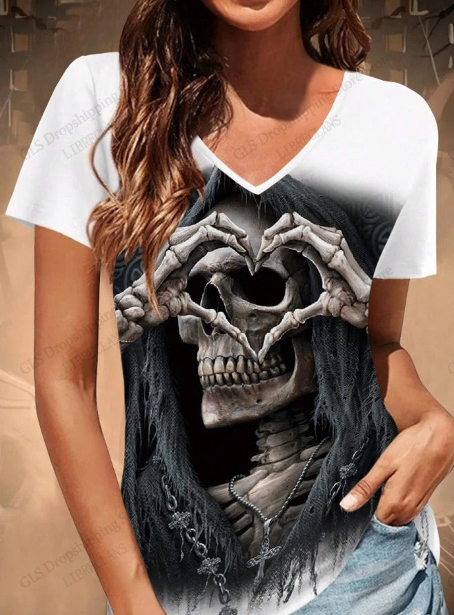 T-shirt Funny Skull 3d Print Tshirt Women Fashion V-Neck Short Sleeve Oversized Tops Tees Female Clothing Halloween Tops