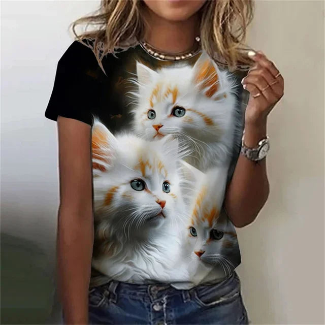 T-shirt 3D Printed Kawaii Cat Pattern Short Sleeved Round neck Top Summer Outdoor Casual Street Simple Clothing