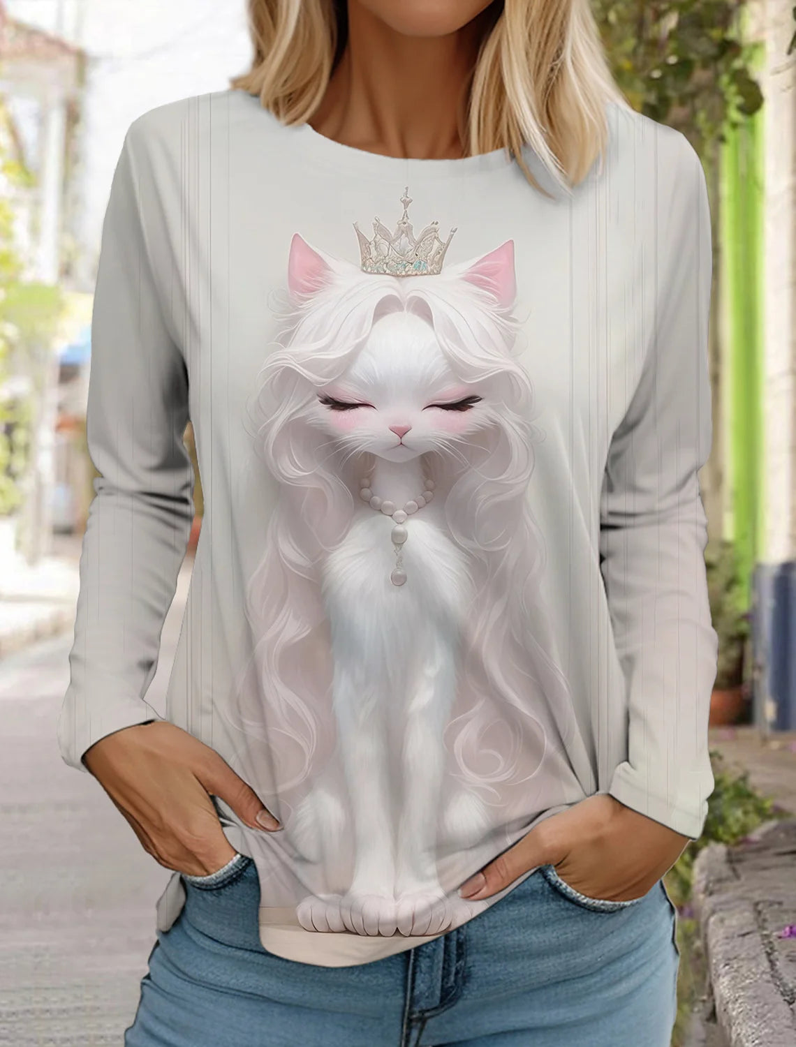 Long Sleeve 3D Printed Kitten Cute Print T-Shirt Women's Streetwear Round Neck Long Sleeve