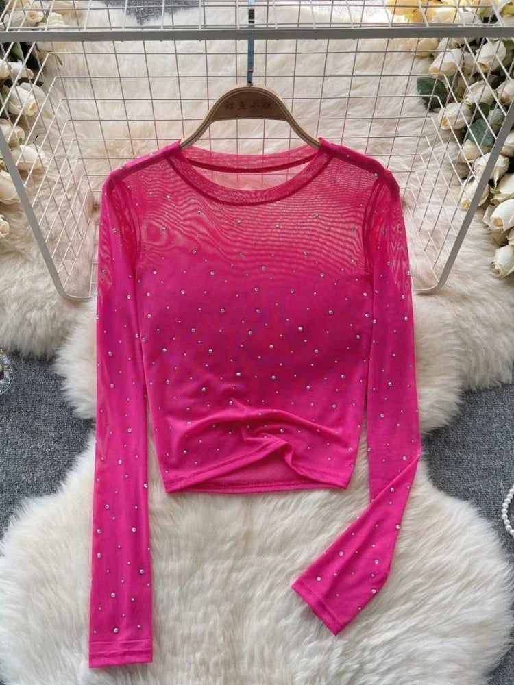 T-shirts Women Cropped Sequins Slim Sheer Solid Spring Summer Sexy Style Cozy Thin O-neck Clubwear European