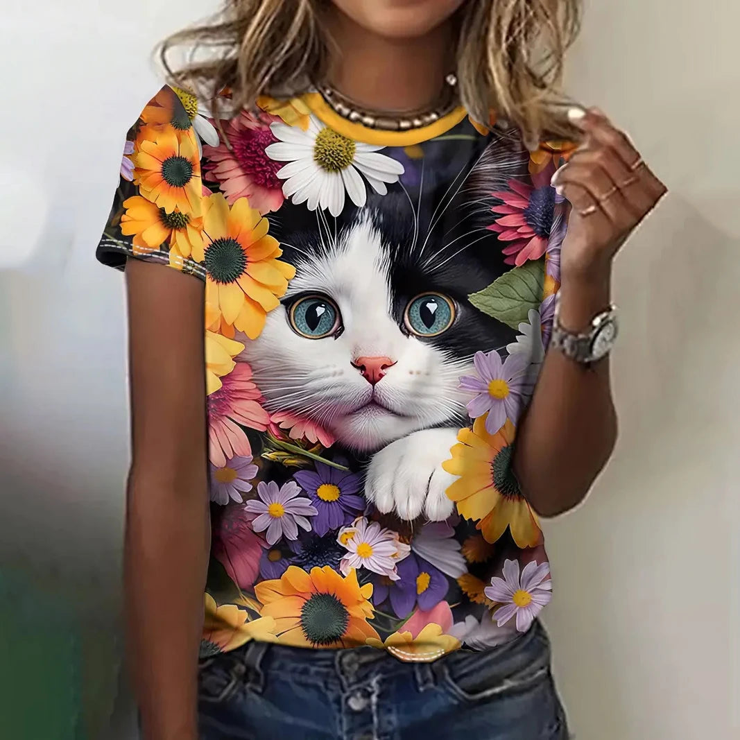 T Shirt Cartoon Animal Print T Shirt Casual O-Neck Short Sleeve Streer Female Summer Loose Tee Tops Y2k Clothing Camisa