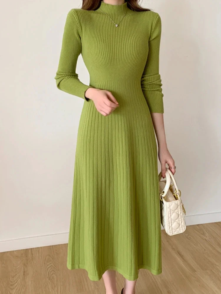 Slim Long Sleeve Party Midi Dress for Women Knitted Half High Collar Elegant Knitted Sweater Dresses Ladies