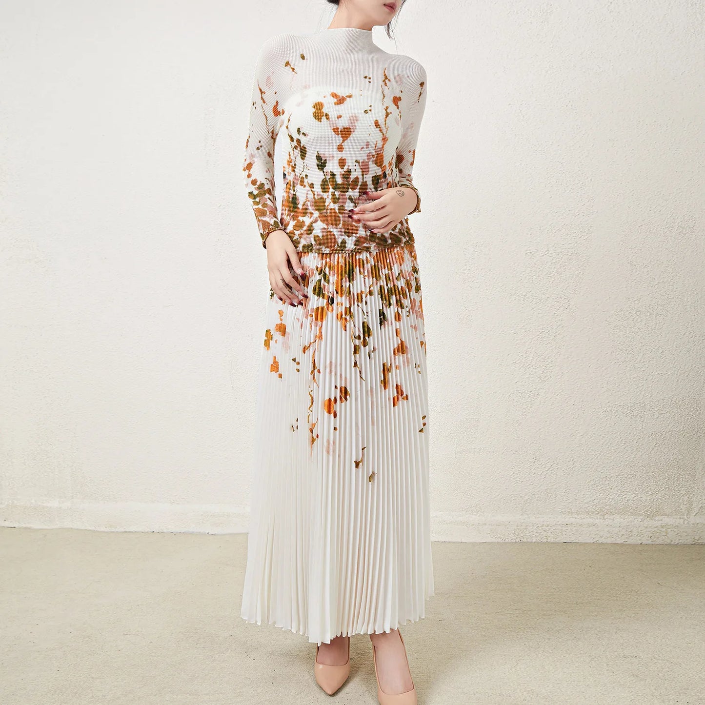 Pleated Top and Pleated Skirt Printed Elastic Stretch Free Size Two Piece Skirt Set