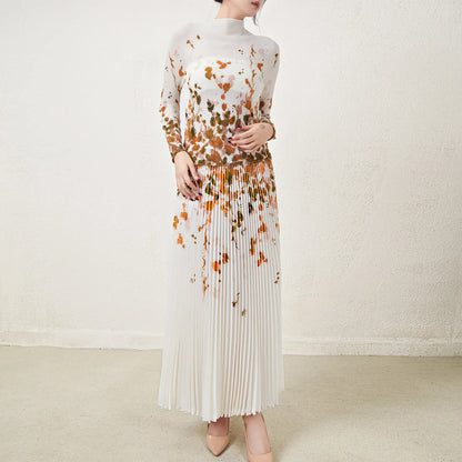 Pleated Top and Pleated Skirt Printed Elastic Stretch Free Size Two Piece Skirt Set