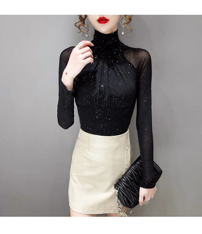 Women Mesh top High neck Sexy Black bottoming t shirt Casual Bright silk Lady shirt Blusa