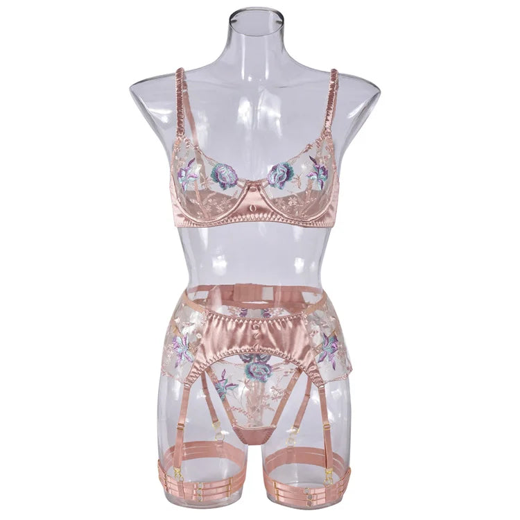 New Fun Underwear Perspective Set Colored Mesh Embroidery Bra Sexy and Tempting 4-piece Set