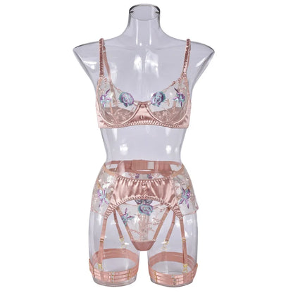 New Fun Underwear Perspective Set Colored Mesh Embroidery Bra Sexy and Tempting 4-piece Set