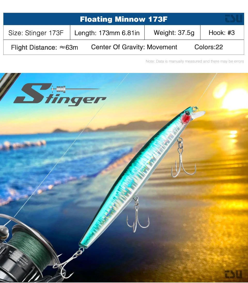 Ultra-long Casting Floating Minnow 173mm 37.5g Saltwater Fishing Lure STINGER Artificial Large Hard Baits