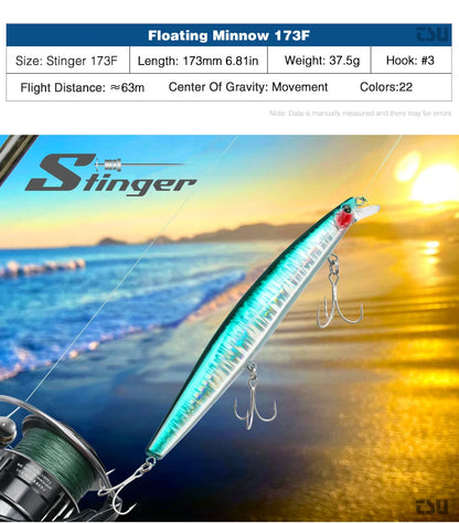 Ultra-long Casting Floating Minnow 173mm 37.5g Saltwater Fishing Lure STINGER Artificial Large Hard Baits