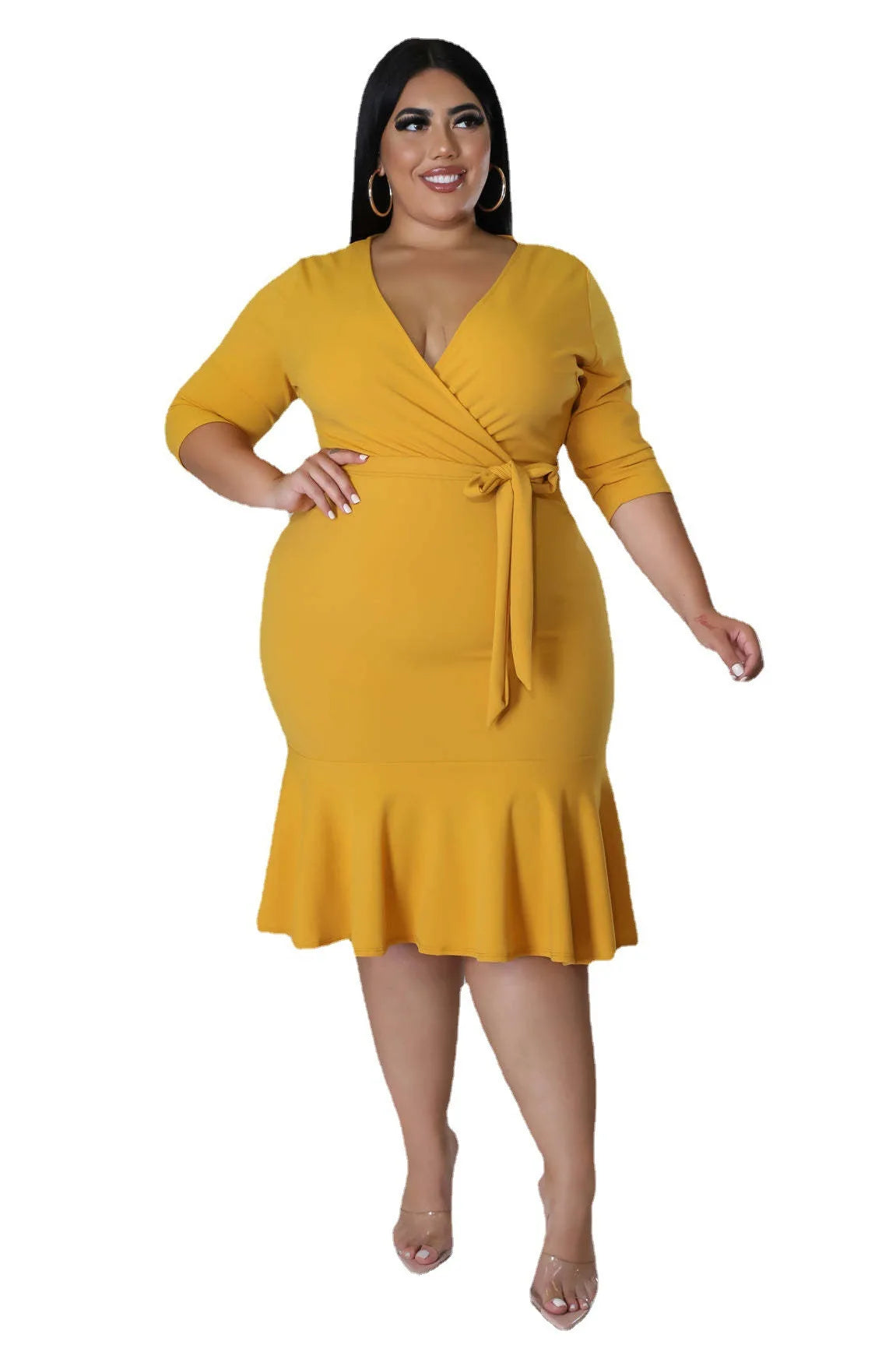 American Deep V Ruffle Formal Elegant  Short Sleeve Dresses for Women