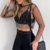 Women Summer Sexy Pearl Beading Lace Mesh Shirts T-shirt Ladies Long Sleeve Casual Ladies Outwear Slim Blouse Short Tops Shirt
