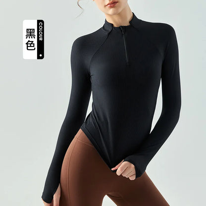 Fitness Long Sleeve Top Stand Collar Yoga Half Zipper Stretch Super Soft Nylon Compression Good Shir