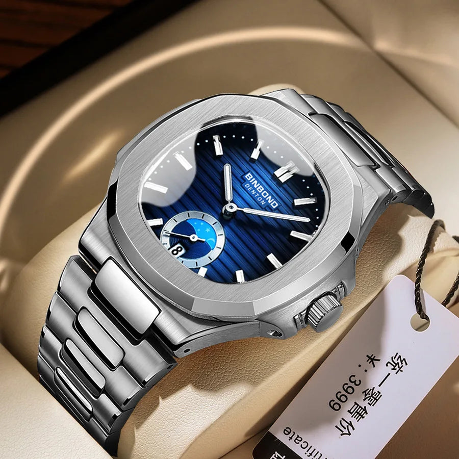 BINBOND B1786 1786 Luxury Casual Quartz Watch Fashion Square Dial Stainless Steel Calendar Luminous Waterproof Male Clock