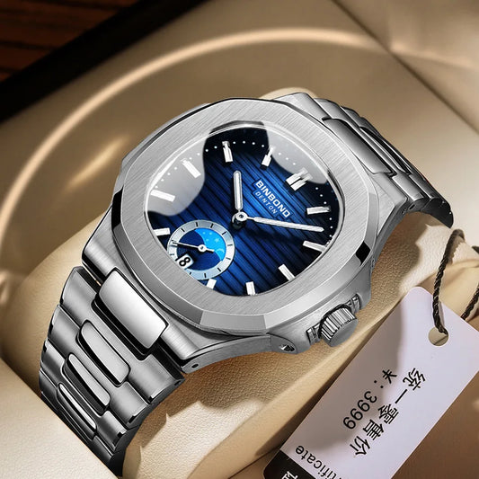 BINBOND B1786 1786 Luxury Casual Quartz Watch Fashion Square Dial Stainless Steel Calendar Luminous Waterproof Male Clock