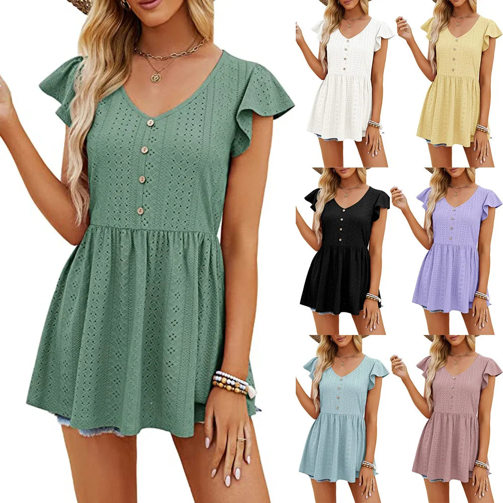 Cotton Summer Long T-shirt Tops Jacquard Knitting Holiday V-neck Button Ruffled Casual Slim Waist Short Dress