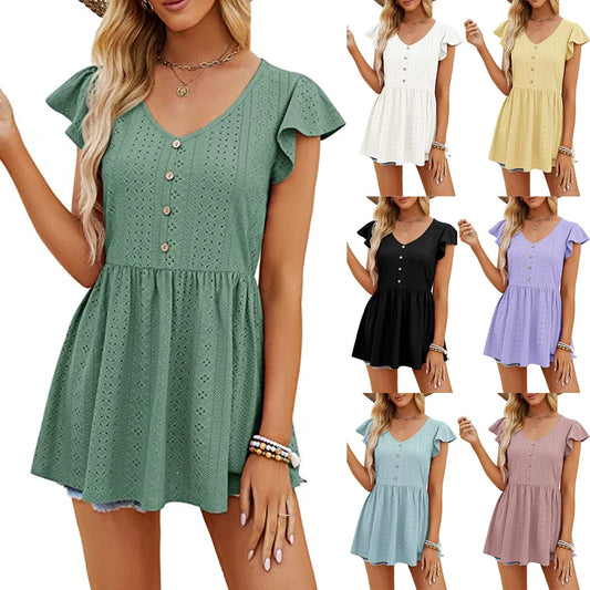 Cotton Summer Long T-shirt Tops Jacquard Knitting Holiday V-neck Button Ruffled Casual Slim Waist Short Dress