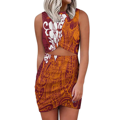 Midnight Party Mini Dress Polynesian Hawaii Print Slim Package Hip Dress Island Sleeveless Dress
