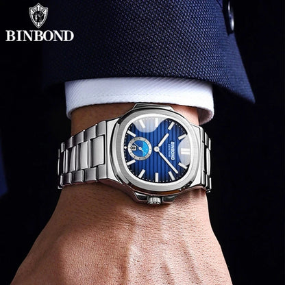 BINBOND B1786 1786 Luxury Casual Quartz Watch Fashion Square Dial Stainless Steel Calendar Luminous Waterproof Male Clock