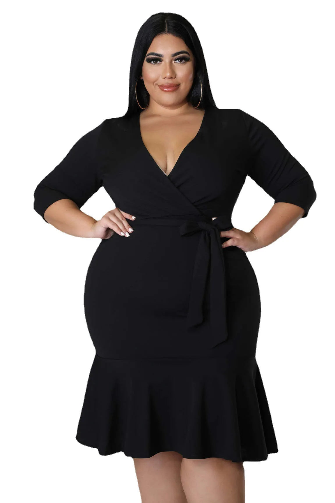 American Deep V Ruffle Formal Elegant  Short Sleeve Dresses for Women