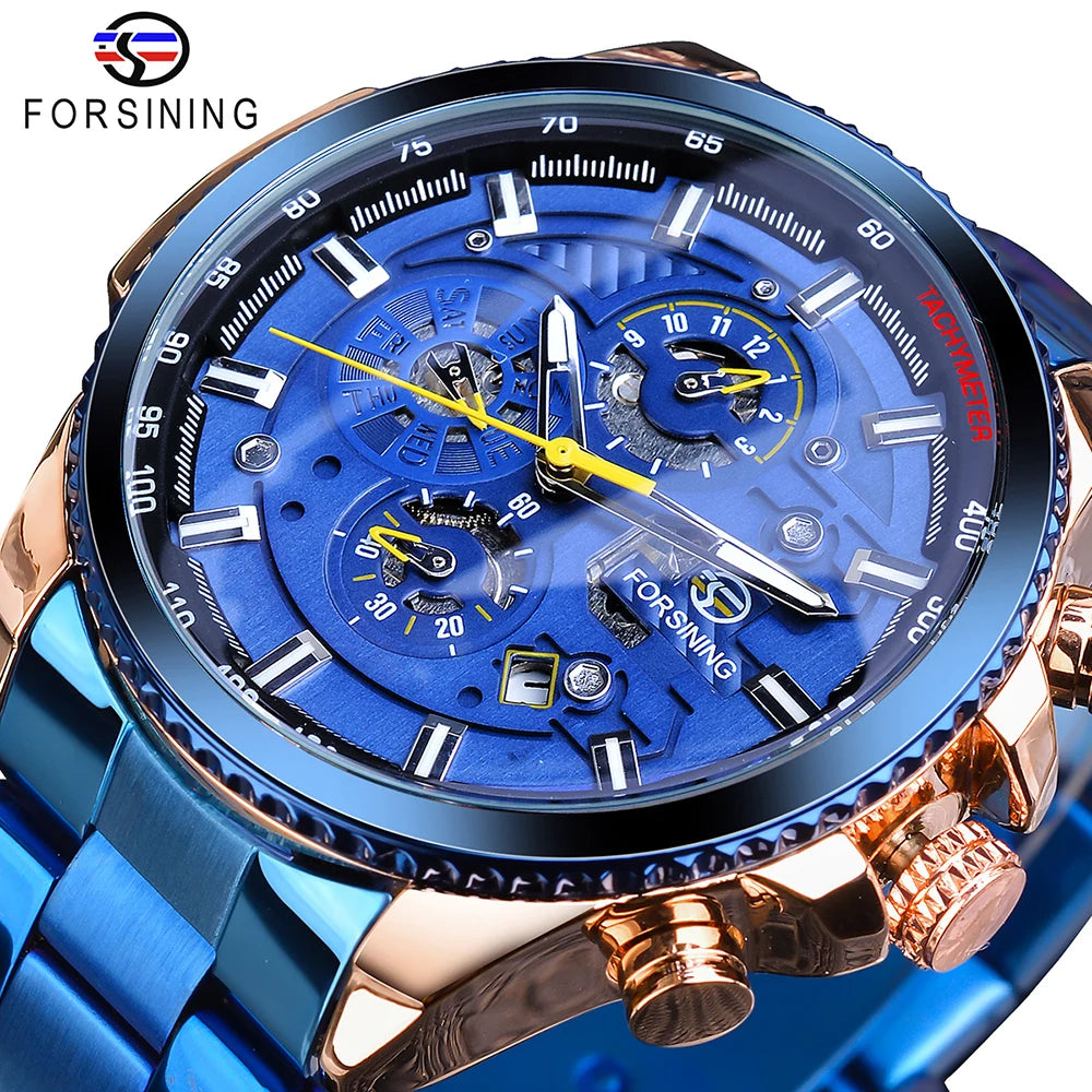 Forsining Three Dial Calendar Stainless Steel Men Mechanical Automatic Wrist Watches Top Brand Luxury Military Sport Male Clock