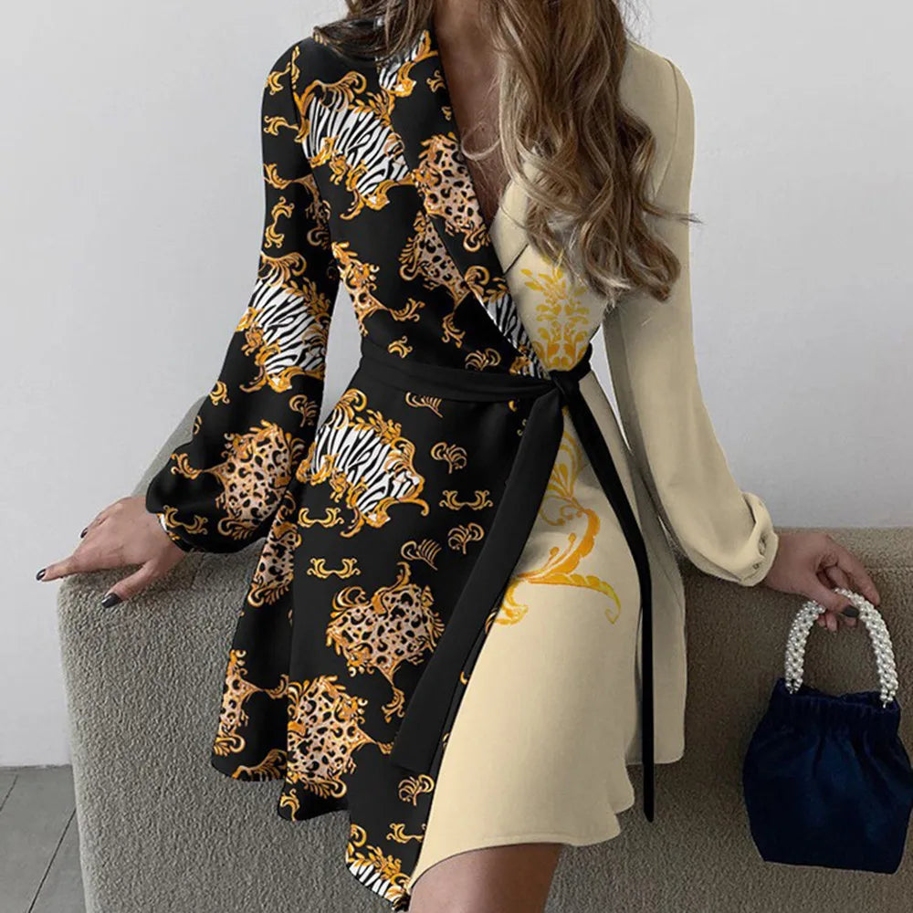 Floral Print Patchwork Office Lady Dress Spring Turn-down Collar Belted Mini Dress Autumn Long Sleeve Women Party Dress