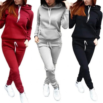 Hot Sale Fashion Women 2 Piece Set Hooded Tops + Pants Solid Winter Fleece Tracksuit Sweatshirt Sweater Hoodies Suits