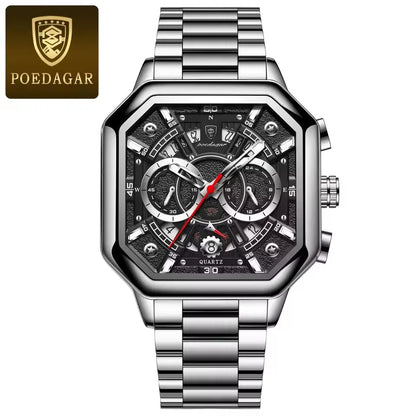 POEDAGAR New Fashion 983 Luxury Square Stainless Steel Quartz Men's Watches Waterproof Luminous Chronograph Watch for Men