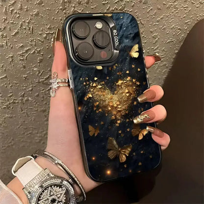Light Gold Butterfly Printing Electroplated Silver Key TPU PC Mobile Phone Case for Iphone X Xr Xs 11 12 13 14 15 16 17 Pro Max