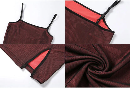 Mesh Double Layer Sexy Skinny Dress Women Sleeveless Party Bodycon Bandage Elastic Split Trend Clubwear Slim Outfit