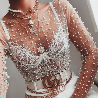 Women Summer Sexy Pearl Beading Lace Mesh Shirts T-shirt Ladies Long Sleeve Casual Ladies Outwear Slim Blouse Short Tops Shirt