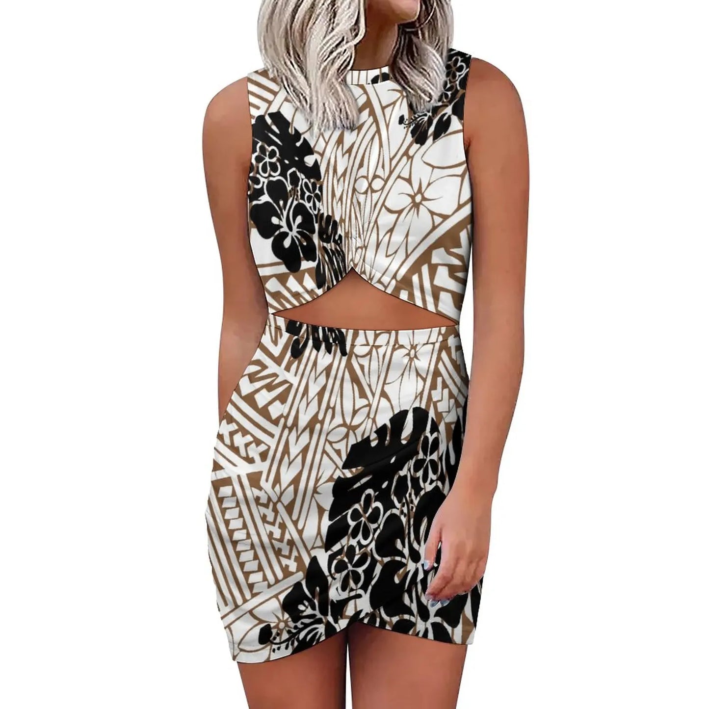 Midnight Party Mini Dress Polynesian Hawaii Print Slim Package Hip Dress Island Sleeveless Dress