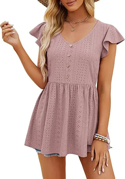 Cotton Summer Long T-shirt Tops Jacquard Knitting Holiday V-neck Button Ruffled Casual Slim Waist Short Dress