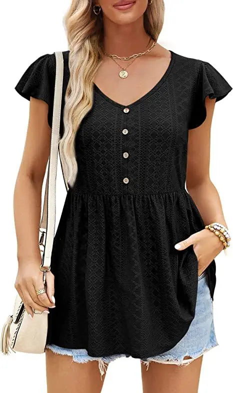 Cotton Summer Long T-shirt Tops Jacquard Knitting Holiday V-neck Button Ruffled Casual Slim Waist Short Dress