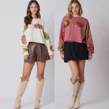 Sequin Hoodie for Women Loose Fit Pumpkin Pattern Terry Crop Top Casual Short Winter Autumn Spring Puff Printing