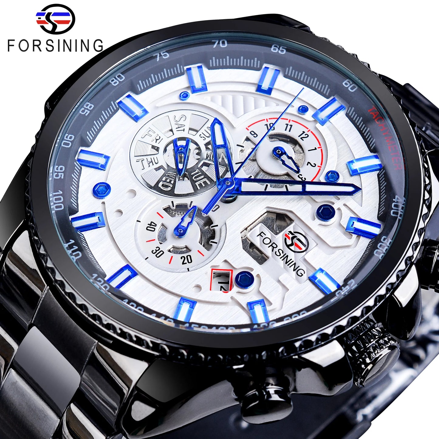 Forsining Three Dial Calendar Stainless Steel Men Mechanical Automatic Wrist Watches Top Brand Luxury Military Sport Male Clock