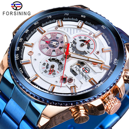 Forsining Three Dial Calendar Stainless Steel Men Mechanical Automatic Wrist Watches Top Brand Luxury Military Sport Male Clock