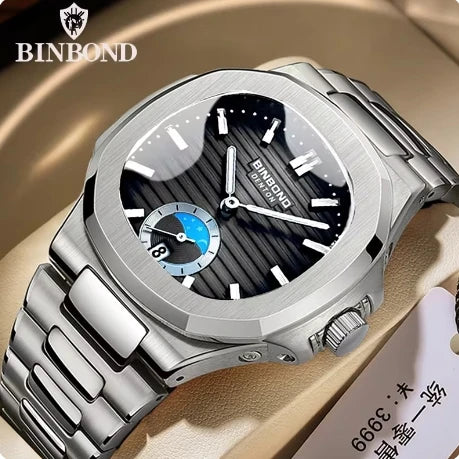 BINBOND B1786 1786 Luxury Casual Quartz Watch Fashion Square Dial Stainless Steel Calendar Luminous Waterproof Male Clock