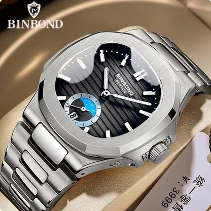 BINBOND B1786 1786 Luxury Casual Quartz Watch Fashion Square Dial Stainless Steel Calendar Luminous Waterproof Male Clock