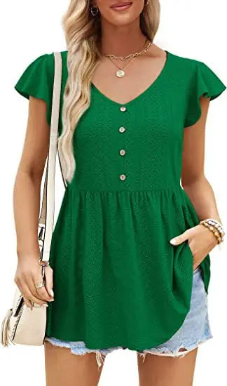 Cotton Summer Long T-shirt Tops Jacquard Knitting Holiday V-neck Button Ruffled Casual Slim Waist Short Dress