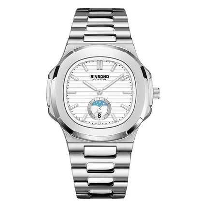 BINBOND B1786 1786 Luxury Casual Quartz Watch Fashion Square Dial Stainless Steel Calendar Luminous Waterproof Male Clock