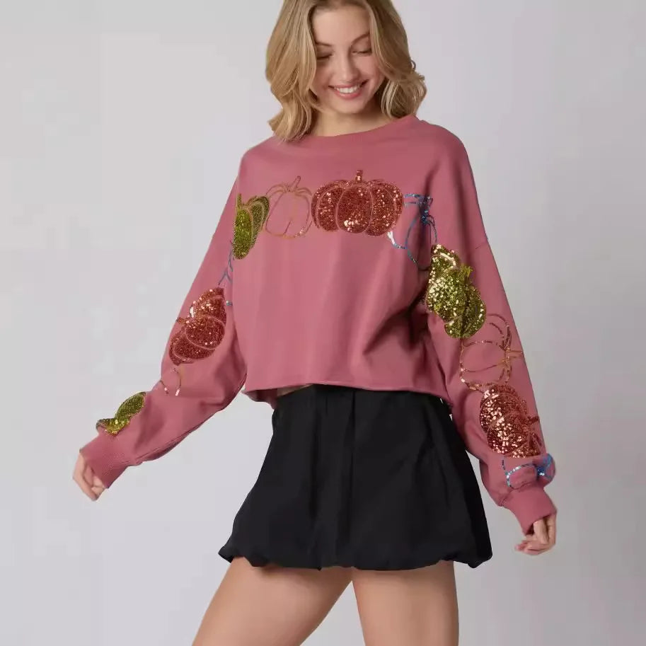 Sequin Hoodie for Women Loose Fit Pumpkin Pattern Terry Crop Top Casual Short Winter Autumn Spring Puff Printing
